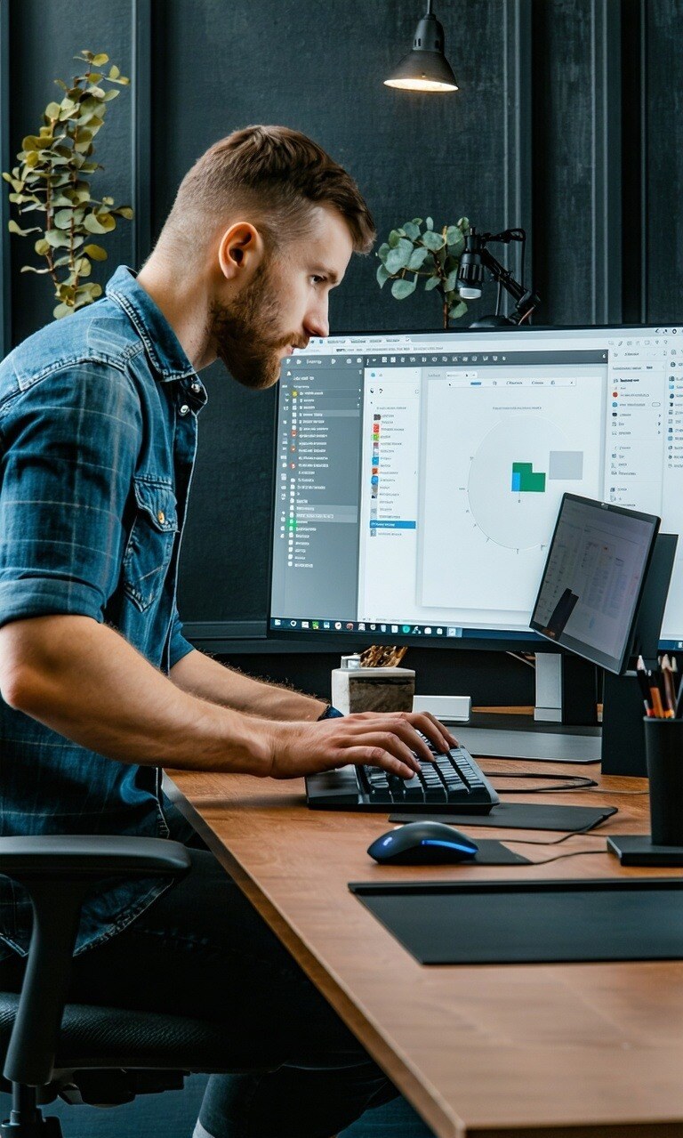 overhead view of man sitting at desk on computer with an industrial look and feel-1-1